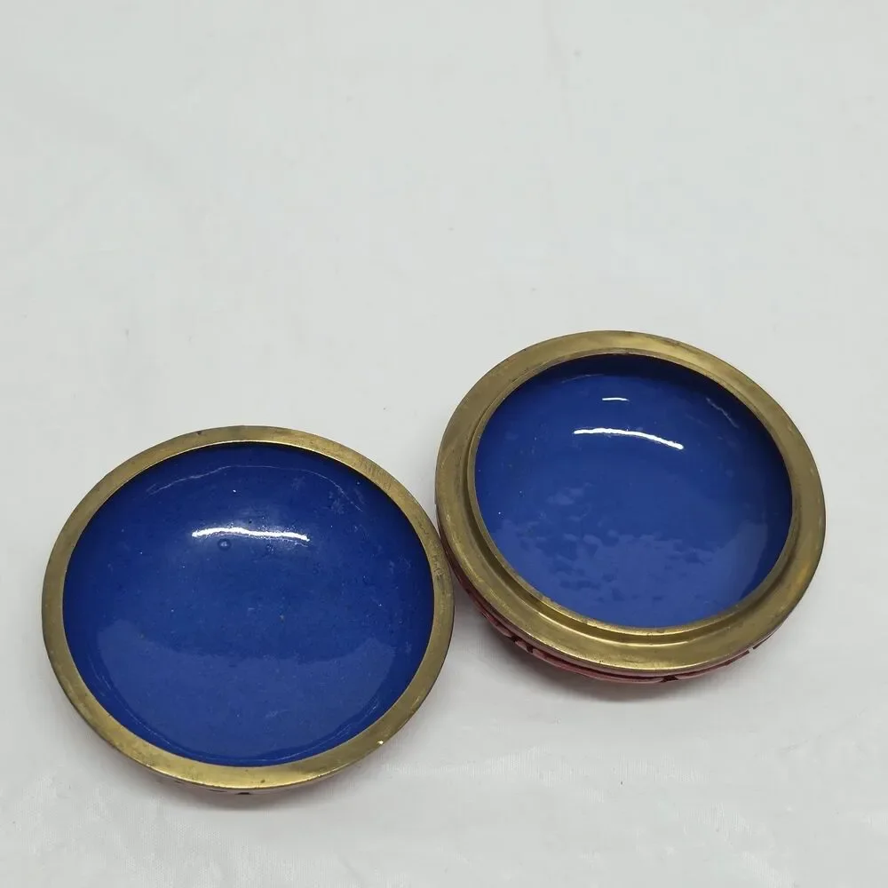 Vintage Chinese Carved Cinnabar Lacquer Trinket Box Floral Blue Enamel Interior